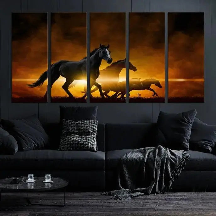 The living room showcases a Horse Wall Art Multi Panel Animal Canvas Print, depicting galloping horses against a fiery sunset on museum-quality canvases with UV-protective coating.