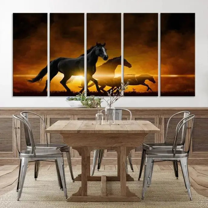 The living room showcases a Horse Wall Art Multi Panel Animal Canvas Print, depicting galloping horses against a fiery sunset on museum-quality canvases with UV-protective coating.