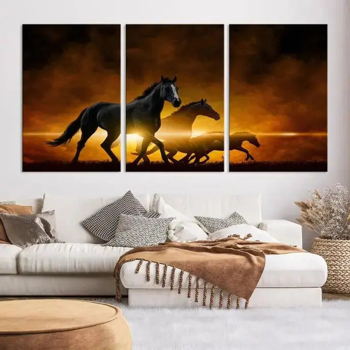 The living room showcases a Horse Wall Art Multi Panel Animal Canvas Print, depicting galloping horses against a fiery sunset on museum-quality canvases with UV-protective coating.