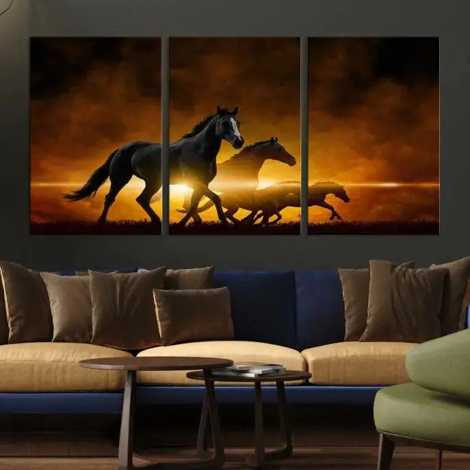 The living room showcases a Horse Wall Art Multi Panel Animal Canvas Print, depicting galloping horses against a fiery sunset on museum-quality canvases with UV-protective coating.