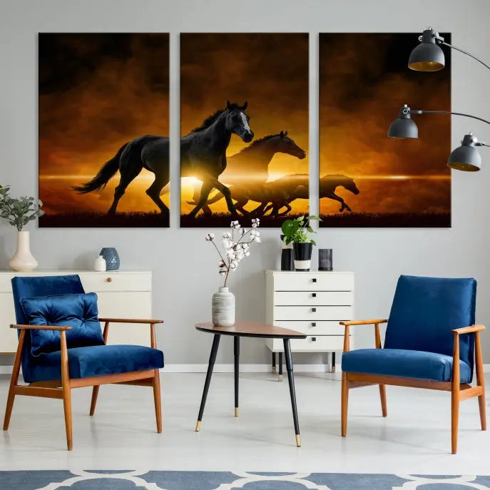 The living room showcases a Horse Wall Art Multi Panel Animal Canvas Print, depicting galloping horses against a fiery sunset on museum-quality canvases with UV-protective coating.