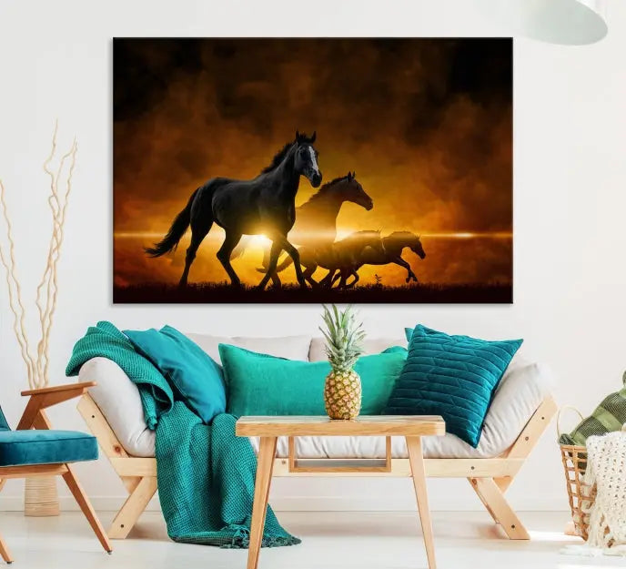 The living room showcases a Horse Wall Art Multi Panel Animal Canvas Print, depicting galloping horses against a fiery sunset on museum-quality canvases with UV-protective coating.