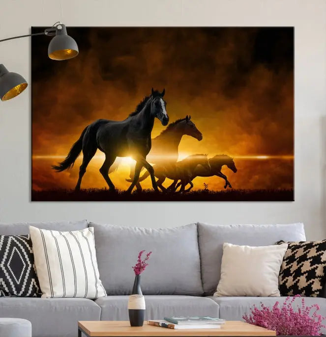 The living room showcases a Horse Wall Art Multi Panel Animal Canvas Print, depicting galloping horses against a fiery sunset on museum-quality canvases with UV-protective coating.