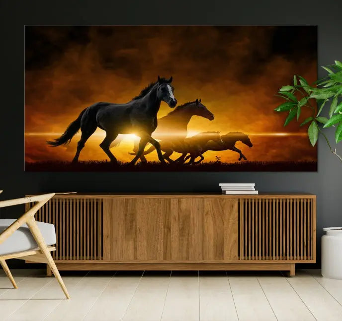 The living room showcases a Horse Wall Art Multi Panel Animal Canvas Print, depicting galloping horses against a fiery sunset on museum-quality canvases with UV-protective coating.