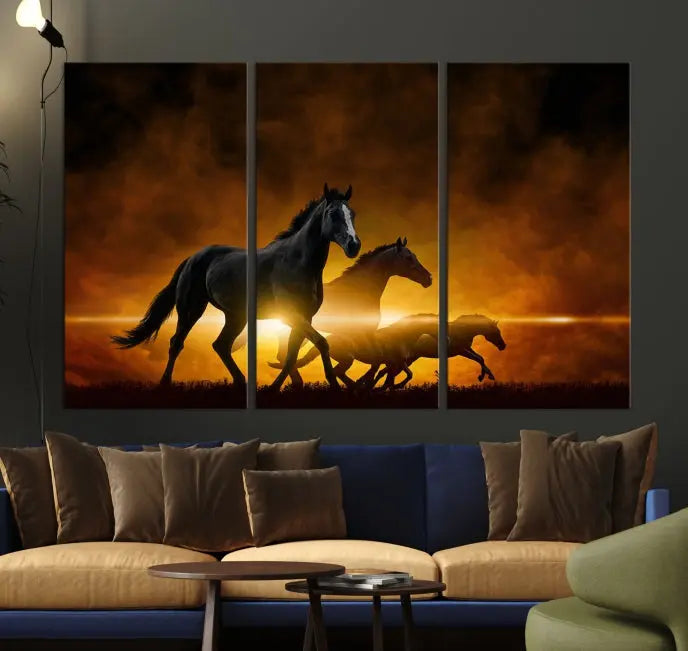 The living room showcases a Horse Wall Art Multi Panel Animal Canvas Print, depicting galloping horses against a fiery sunset on museum-quality canvases with UV-protective coating.