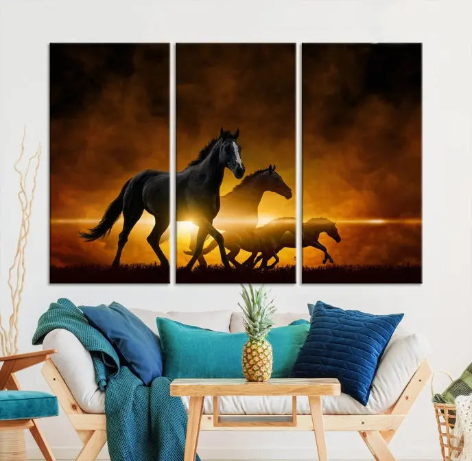 The living room showcases a Horse Wall Art Multi Panel Animal Canvas Print, depicting galloping horses against a fiery sunset on museum-quality canvases with UV-protective coating.