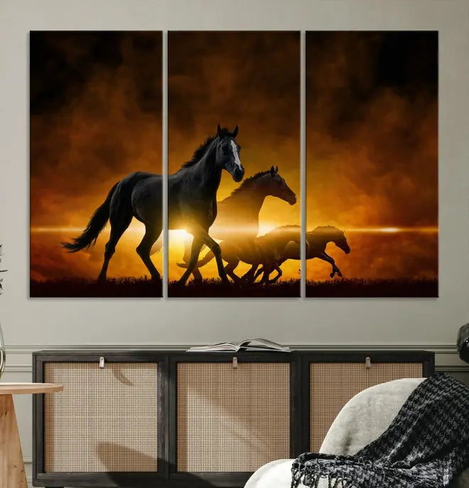 The living room showcases a Horse Wall Art Multi Panel Animal Canvas Print, depicting galloping horses against a fiery sunset on museum-quality canvases with UV-protective coating.