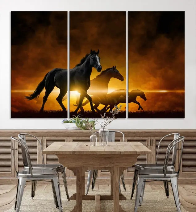 The living room showcases a Horse Wall Art Multi Panel Animal Canvas Print, depicting galloping horses against a fiery sunset on museum-quality canvases with UV-protective coating.