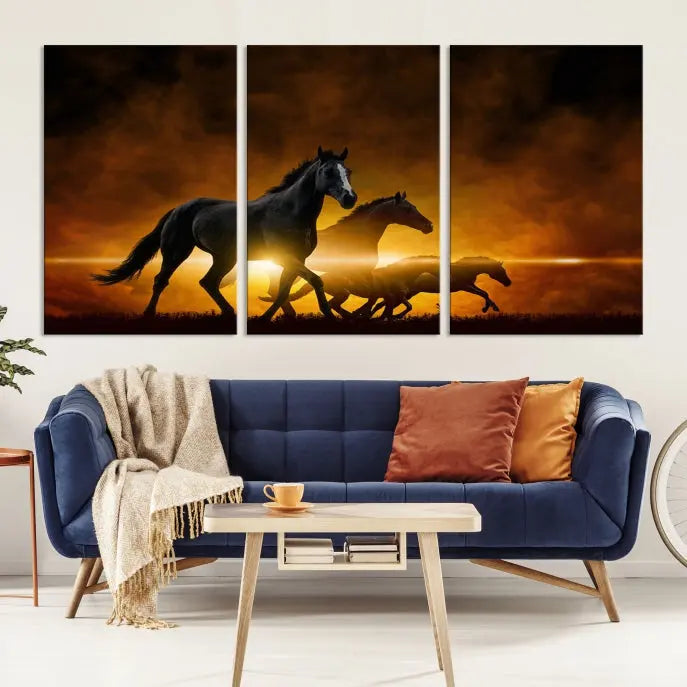 The living room showcases a Horse Wall Art Multi Panel Animal Canvas Print, depicting galloping horses against a fiery sunset on museum-quality canvases with UV-protective coating.