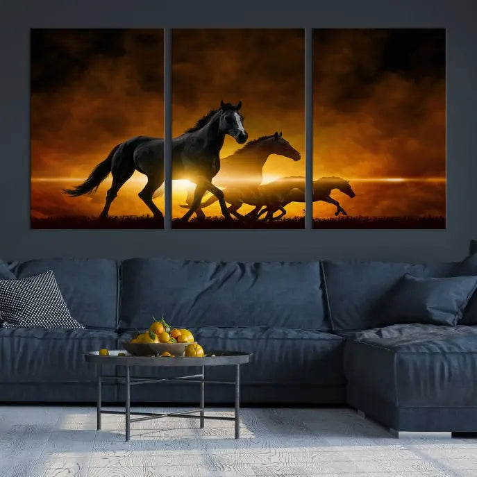 The living room showcases a Horse Wall Art Multi Panel Animal Canvas Print, depicting galloping horses against a fiery sunset on museum-quality canvases with UV-protective coating.