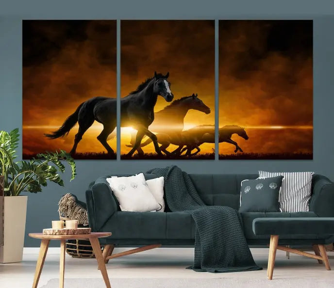 The living room showcases a Horse Wall Art Multi Panel Animal Canvas Print, depicting galloping horses against a fiery sunset on museum-quality canvases with UV-protective coating.