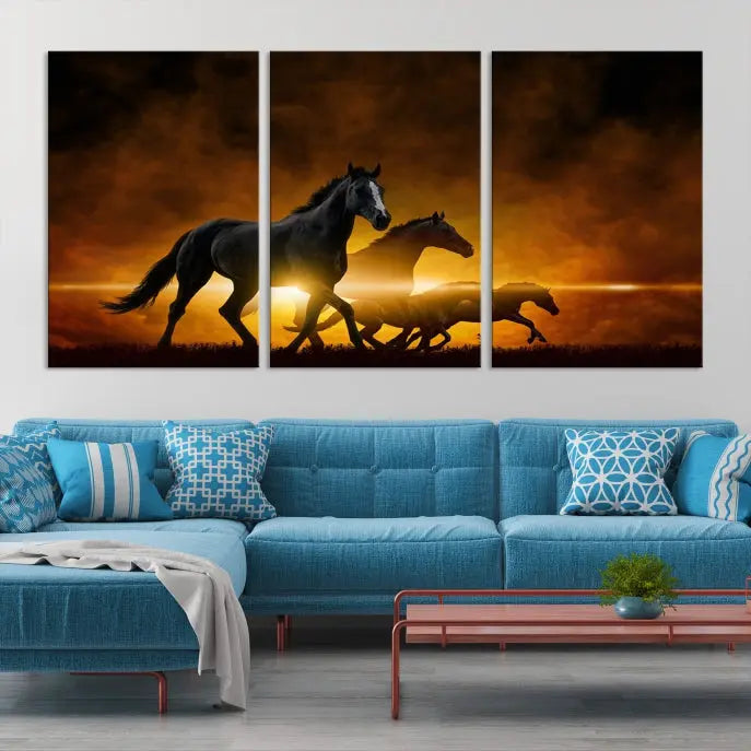 The living room showcases a Horse Wall Art Multi Panel Animal Canvas Print, depicting galloping horses against a fiery sunset on museum-quality canvases with UV-protective coating.