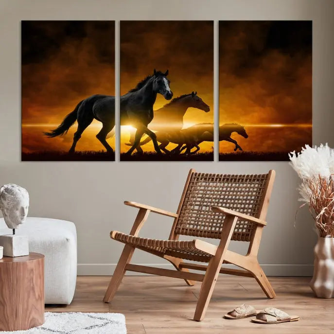 The living room showcases a Horse Wall Art Multi Panel Animal Canvas Print, depicting galloping horses against a fiery sunset on museum-quality canvases with UV-protective coating.