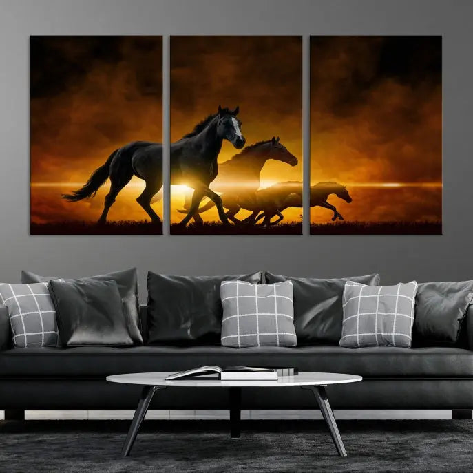 The living room showcases a Horse Wall Art Multi Panel Animal Canvas Print, depicting galloping horses against a fiery sunset on museum-quality canvases with UV-protective coating.