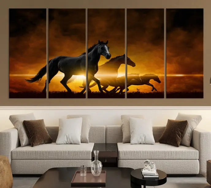 The living room showcases a Horse Wall Art Multi Panel Animal Canvas Print, depicting galloping horses against a fiery sunset on museum-quality canvases with UV-protective coating.