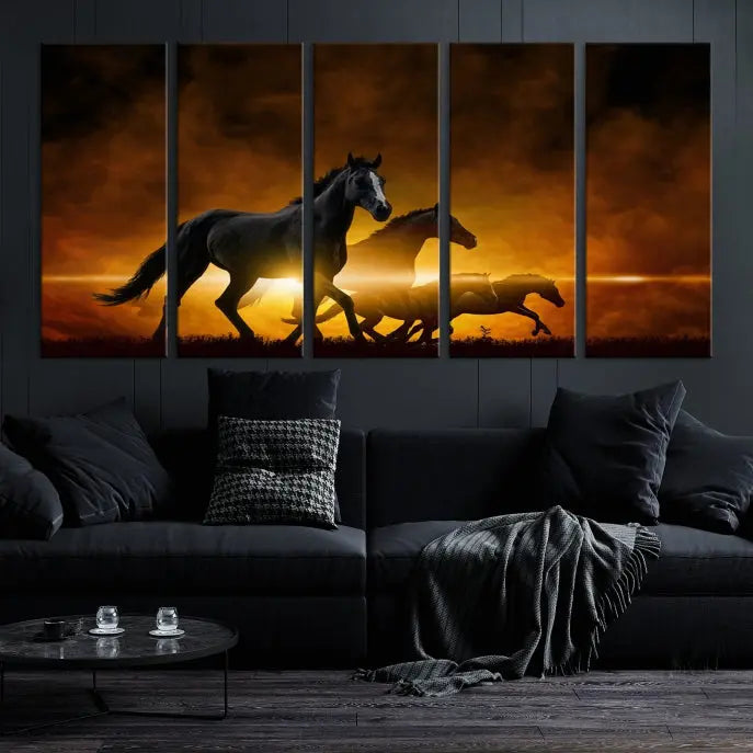 The living room showcases a Horse Wall Art Multi Panel Animal Canvas Print, depicting galloping horses against a fiery sunset on museum-quality canvases with UV-protective coating.