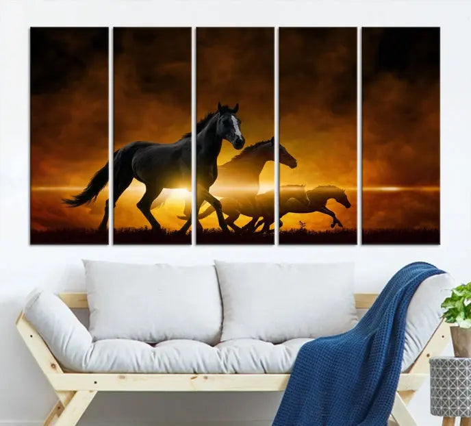 The living room showcases a Horse Wall Art Multi Panel Animal Canvas Print, depicting galloping horses against a fiery sunset on museum-quality canvases with UV-protective coating.