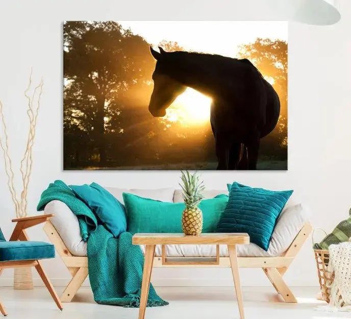 The living room features the "Horse at Sunset Wall Art Animal Canvas Print," which showcases horse silhouettes against a sunrise. These artworks are gallery wrapped on museum-quality canvas with a UV-protective coating to ensure lasting brilliance.