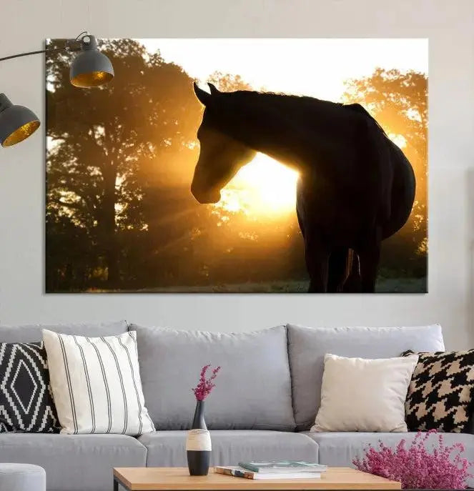 The living room features the "Horse at Sunset Wall Art Animal Canvas Print," which showcases horse silhouettes against a sunrise. These artworks are gallery wrapped on museum-quality canvas with a UV-protective coating to ensure lasting brilliance.