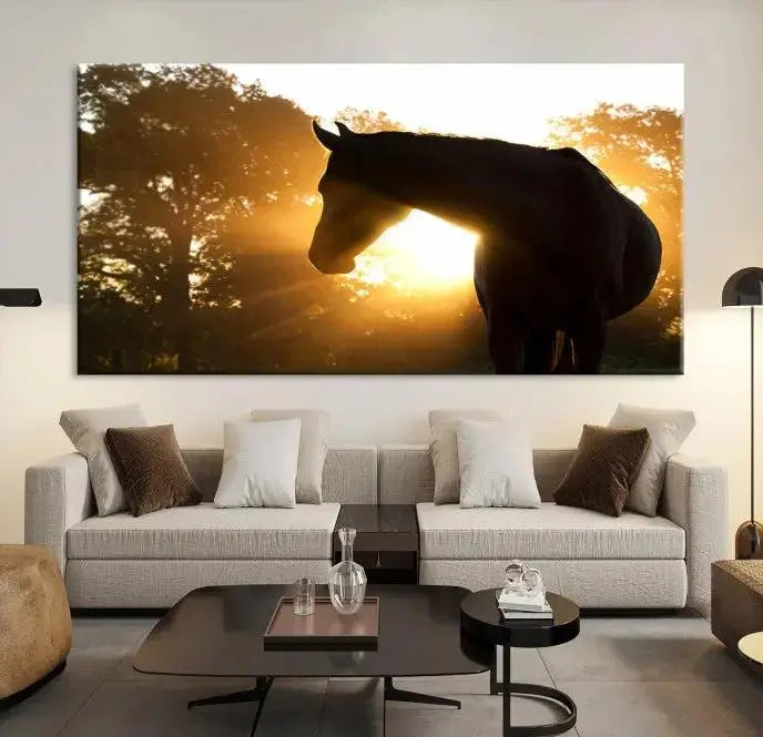 The living room features the "Horse at Sunset Wall Art Animal Canvas Print," which showcases horse silhouettes against a sunrise. These artworks are gallery wrapped on museum-quality canvas with a UV-protective coating to ensure lasting brilliance.