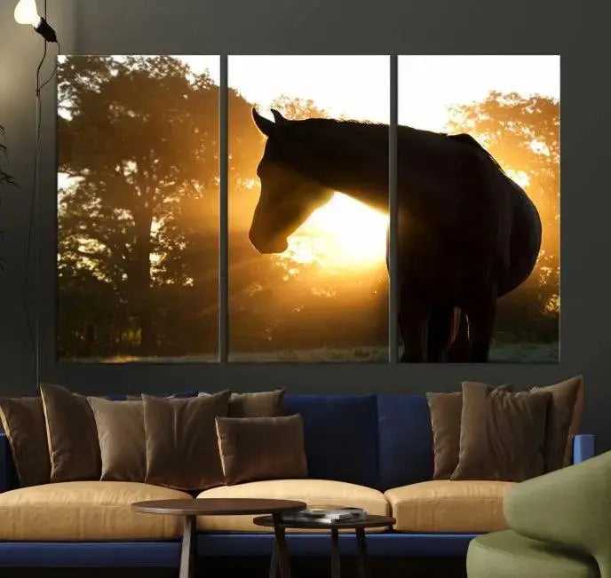 The living room features the "Horse at Sunset Wall Art Animal Canvas Print," which showcases horse silhouettes against a sunrise. These artworks are gallery wrapped on museum-quality canvas with a UV-protective coating to ensure lasting brilliance.