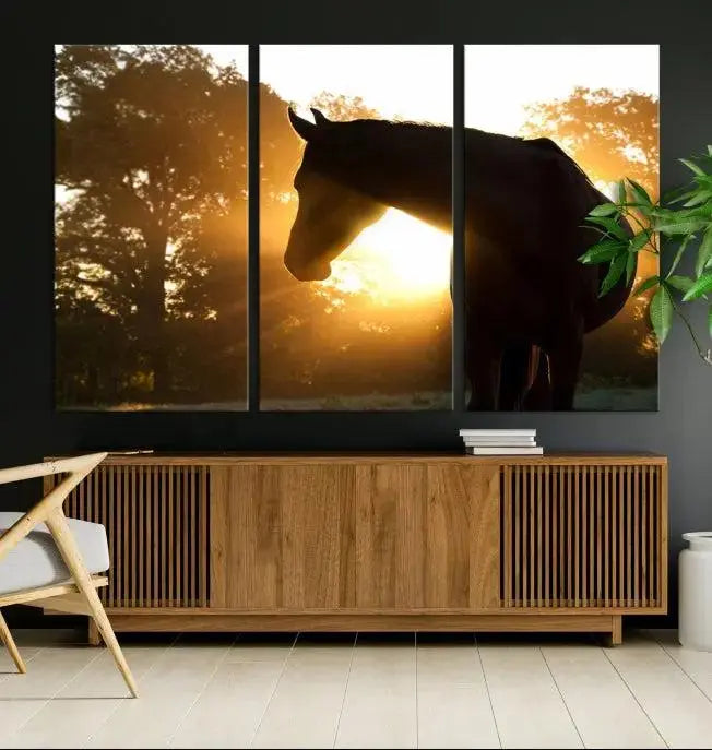 The living room features the "Horse at Sunset Wall Art Animal Canvas Print," which showcases horse silhouettes against a sunrise. These artworks are gallery wrapped on museum-quality canvas with a UV-protective coating to ensure lasting brilliance.