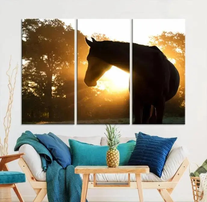 The living room features the "Horse at Sunset Wall Art Animal Canvas Print," which showcases horse silhouettes against a sunrise. These artworks are gallery wrapped on museum-quality canvas with a UV-protective coating to ensure lasting brilliance.