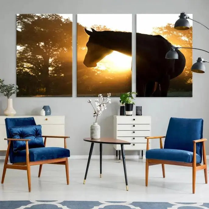 The living room features the "Horse at Sunset Wall Art Animal Canvas Print," which showcases horse silhouettes against a sunrise. These artworks are gallery wrapped on museum-quality canvas with a UV-protective coating to ensure lasting brilliance.