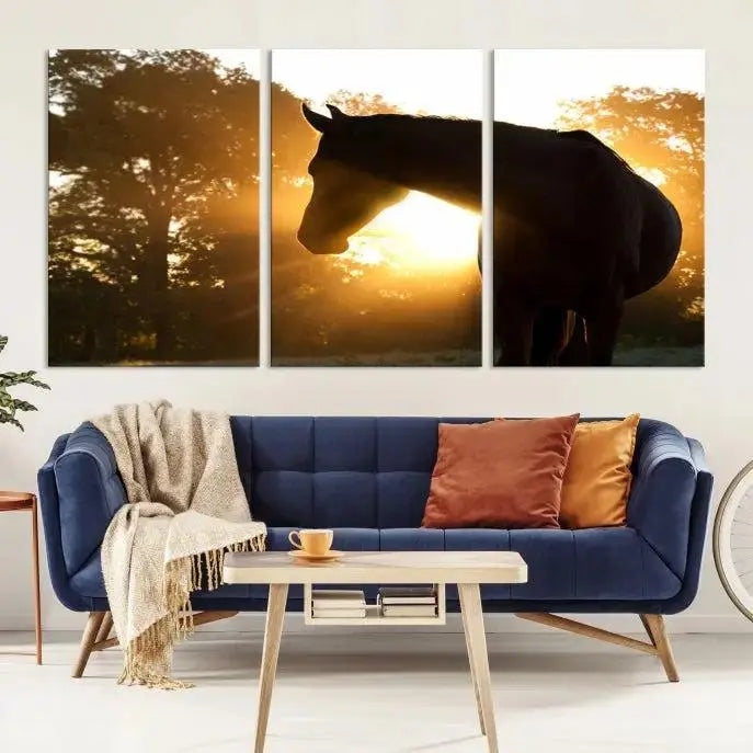 The living room features the "Horse at Sunset Wall Art Animal Canvas Print," which showcases horse silhouettes against a sunrise. These artworks are gallery wrapped on museum-quality canvas with a UV-protective coating to ensure lasting brilliance.