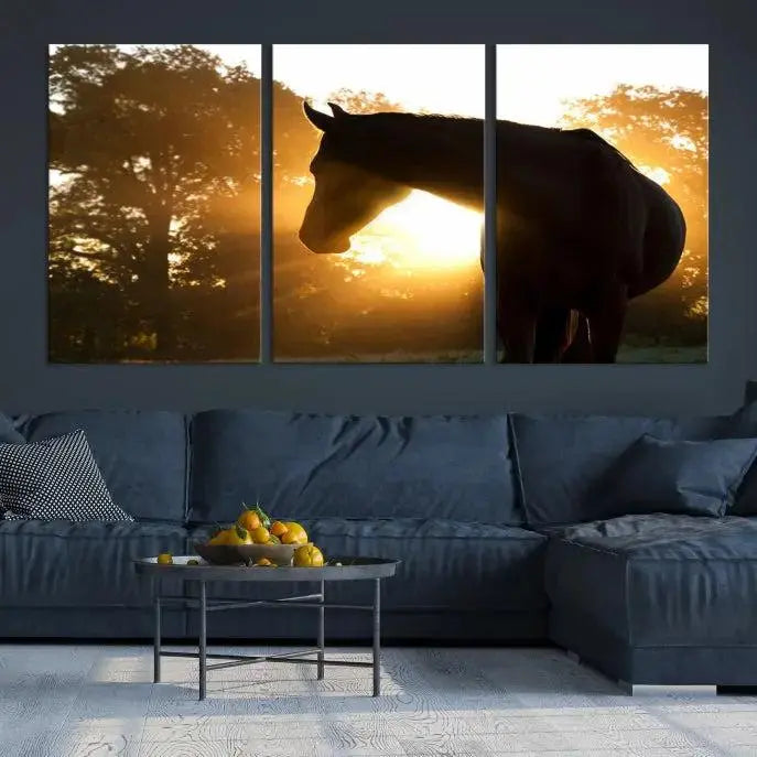 The living room features the "Horse at Sunset Wall Art Animal Canvas Print," which showcases horse silhouettes against a sunrise. These artworks are gallery wrapped on museum-quality canvas with a UV-protective coating to ensure lasting brilliance.