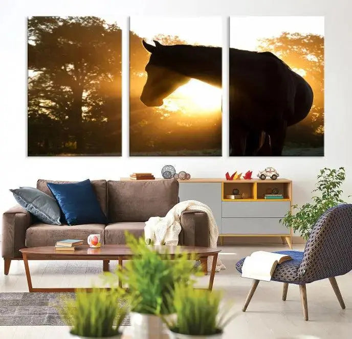 The living room features the "Horse at Sunset Wall Art Animal Canvas Print," which showcases horse silhouettes against a sunrise. These artworks are gallery wrapped on museum-quality canvas with a UV-protective coating to ensure lasting brilliance.