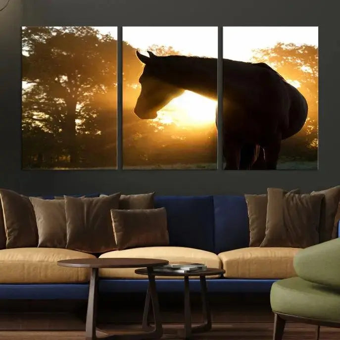 The living room features the "Horse at Sunset Wall Art Animal Canvas Print," which showcases horse silhouettes against a sunrise. These artworks are gallery wrapped on museum-quality canvas with a UV-protective coating to ensure lasting brilliance.