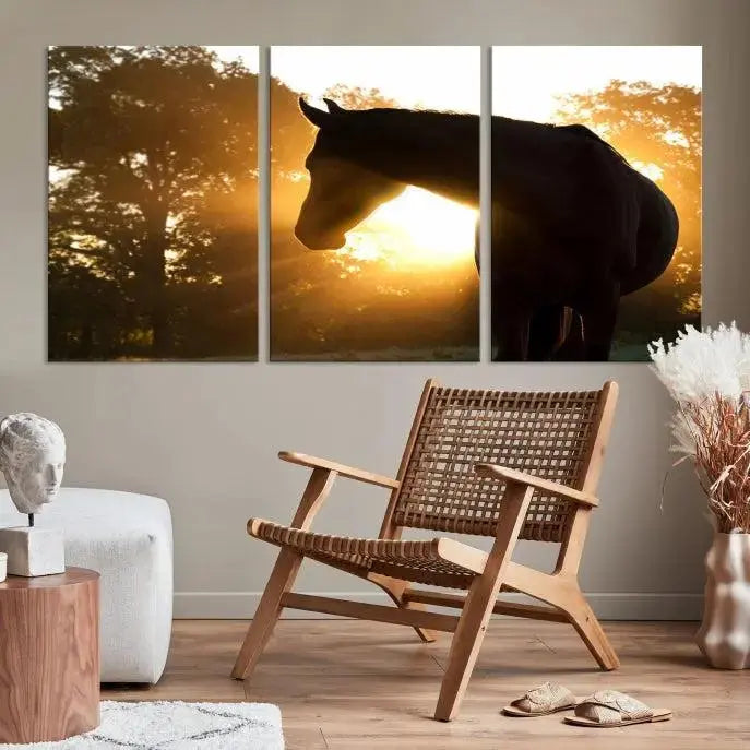 The living room features the "Horse at Sunset Wall Art Animal Canvas Print," which showcases horse silhouettes against a sunrise. These artworks are gallery wrapped on museum-quality canvas with a UV-protective coating to ensure lasting brilliance.