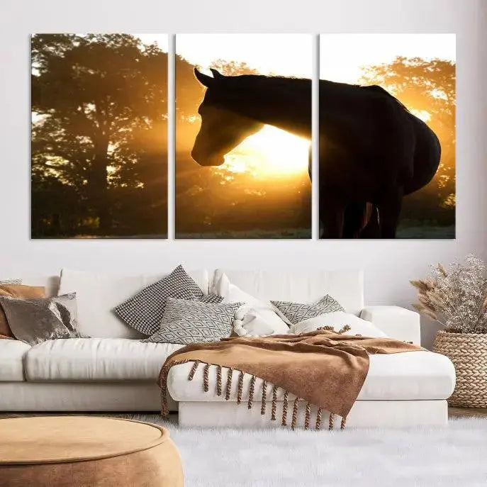 The living room features the "Horse at Sunset Wall Art Animal Canvas Print," which showcases horse silhouettes against a sunrise. These artworks are gallery wrapped on museum-quality canvas with a UV-protective coating to ensure lasting brilliance.