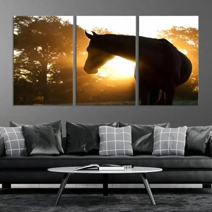 The living room features the "Horse at Sunset Wall Art Animal Canvas Print," which showcases horse silhouettes against a sunrise. These artworks are gallery wrapped on museum-quality canvas with a UV-protective coating to ensure lasting brilliance.