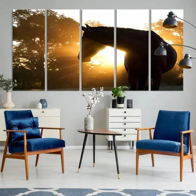 The living room features the "Horse at Sunset Wall Art Animal Canvas Print," which showcases horse silhouettes against a sunrise. These artworks are gallery wrapped on museum-quality canvas with a UV-protective coating to ensure lasting brilliance.