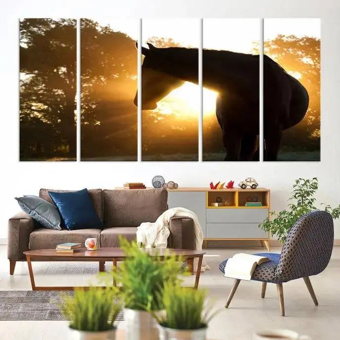 The living room features the "Horse at Sunset Wall Art Animal Canvas Print," which showcases horse silhouettes against a sunrise. These artworks are gallery wrapped on museum-quality canvas with a UV-protective coating to ensure lasting brilliance.