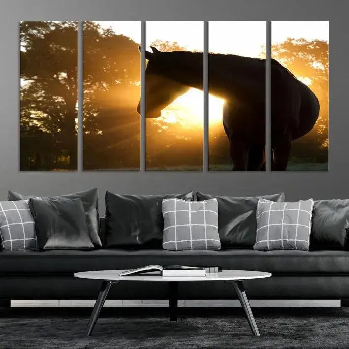 The living room features the "Horse at Sunset Wall Art Animal Canvas Print," which showcases horse silhouettes against a sunrise. These artworks are gallery wrapped on museum-quality canvas with a UV-protective coating to ensure lasting brilliance.