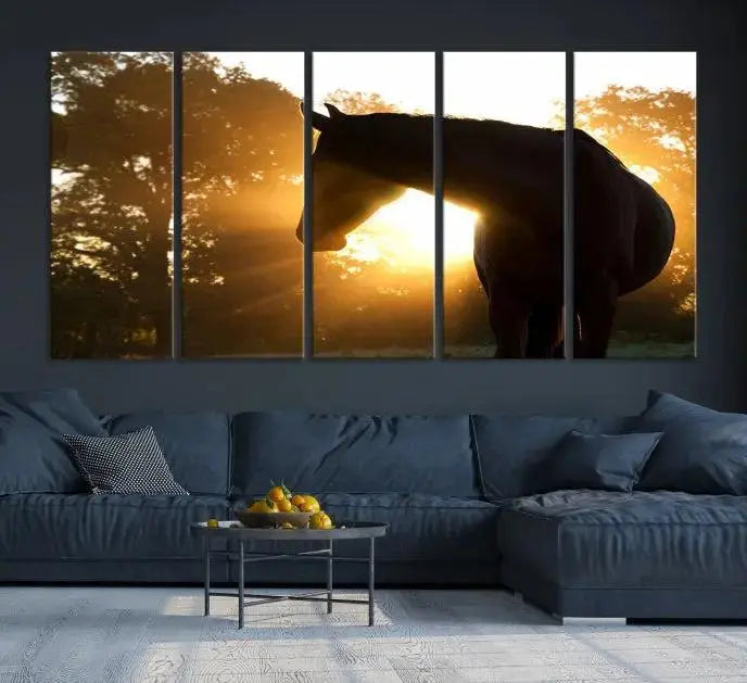 The living room features the "Horse at Sunset Wall Art Animal Canvas Print," which showcases horse silhouettes against a sunrise. These artworks are gallery wrapped on museum-quality canvas with a UV-protective coating to ensure lasting brilliance.