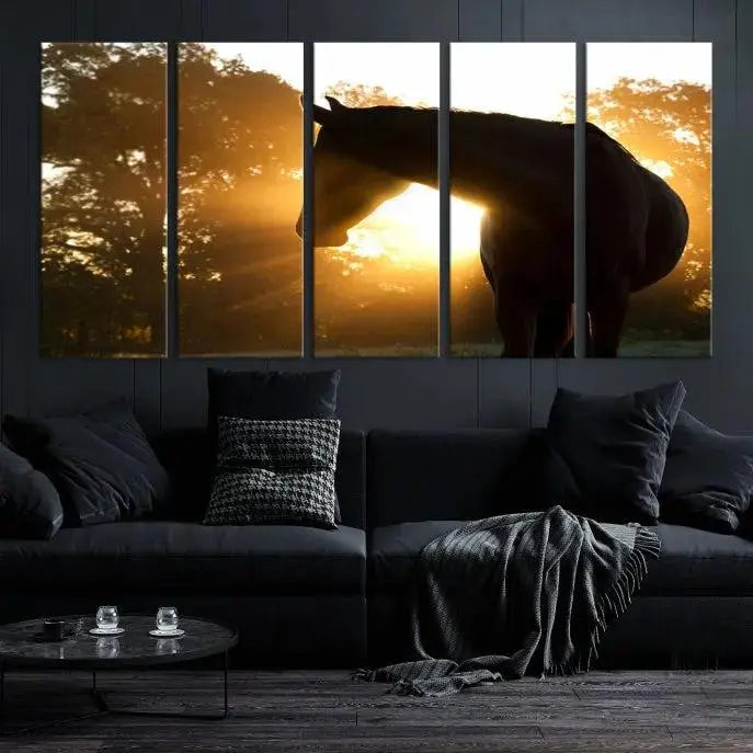 The living room features the "Horse at Sunset Wall Art Animal Canvas Print," which showcases horse silhouettes against a sunrise. These artworks are gallery wrapped on museum-quality canvas with a UV-protective coating to ensure lasting brilliance.