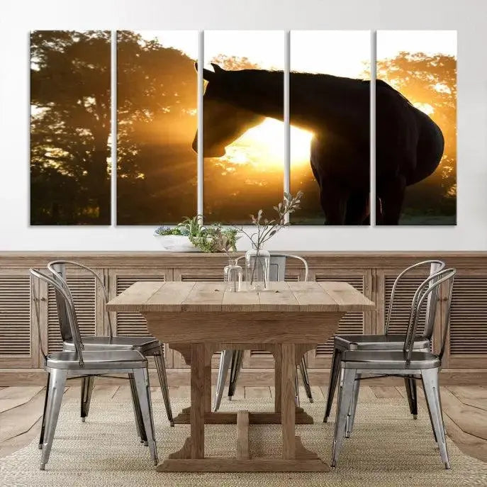 The living room features the "Horse at Sunset Wall Art Animal Canvas Print," which showcases horse silhouettes against a sunrise. These artworks are gallery wrapped on museum-quality canvas with a UV-protective coating to ensure lasting brilliance.