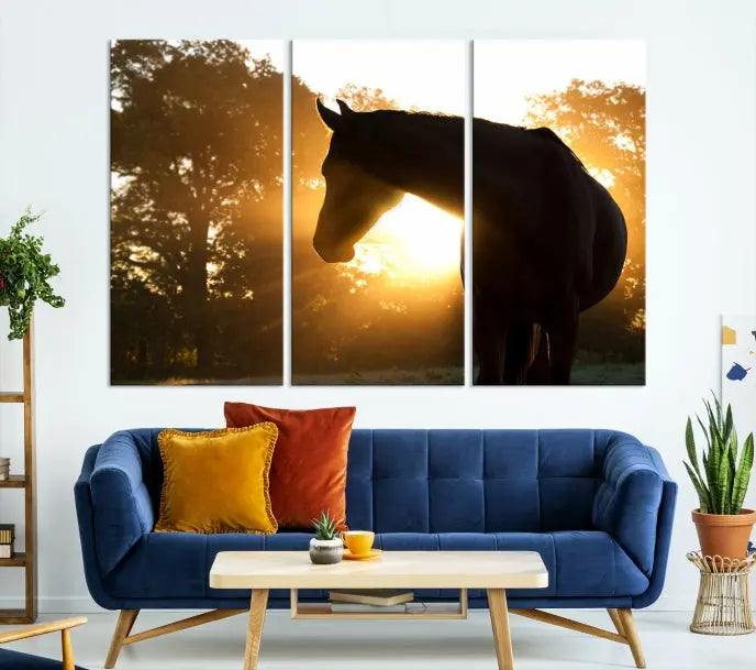 The living room features the "Horse at Sunset Wall Art Animal Canvas Print," which showcases horse silhouettes against a sunrise. These artworks are gallery wrapped on museum-quality canvas with a UV-protective coating to ensure lasting brilliance.