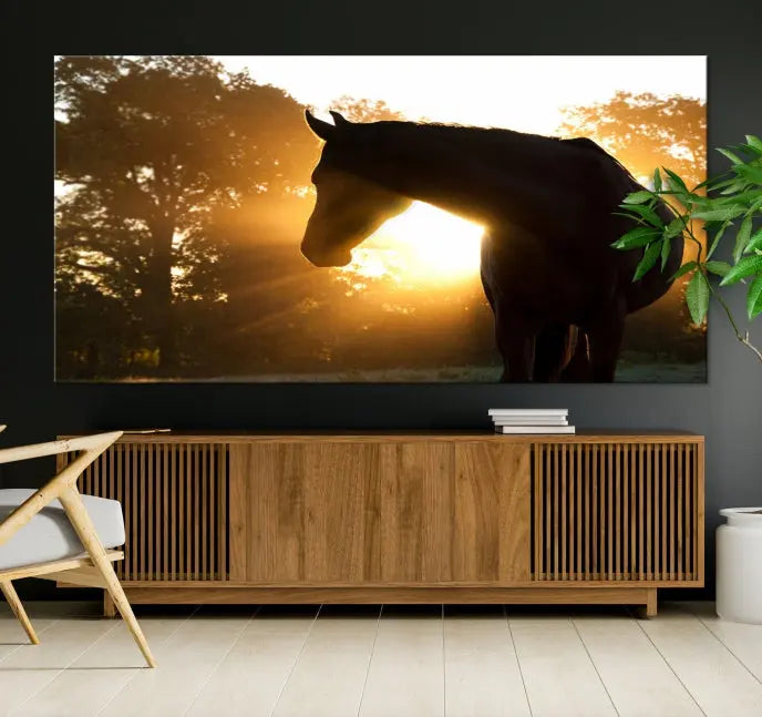 The living room features the "Horse at Sunset Wall Art Animal Canvas Print," which showcases horse silhouettes against a sunrise. These artworks are gallery wrapped on museum-quality canvas with a UV-protective coating to ensure lasting brilliance.