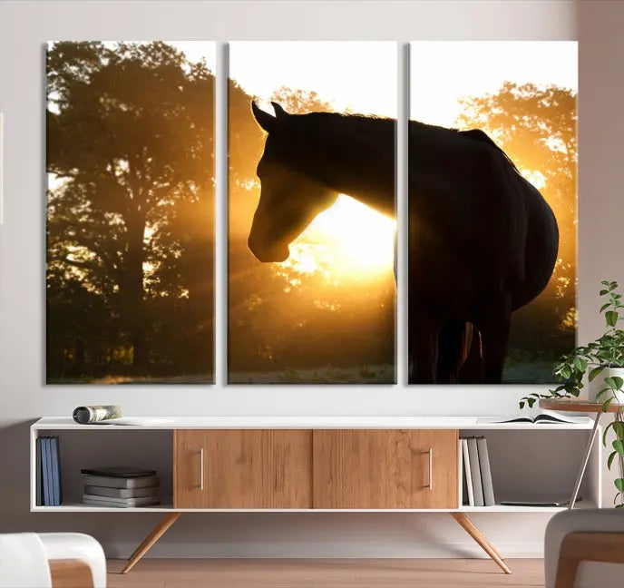 The living room features the "Horse at Sunset Wall Art Animal Canvas Print," which showcases horse silhouettes against a sunrise. These artworks are gallery wrapped on museum-quality canvas with a UV-protective coating to ensure lasting brilliance.