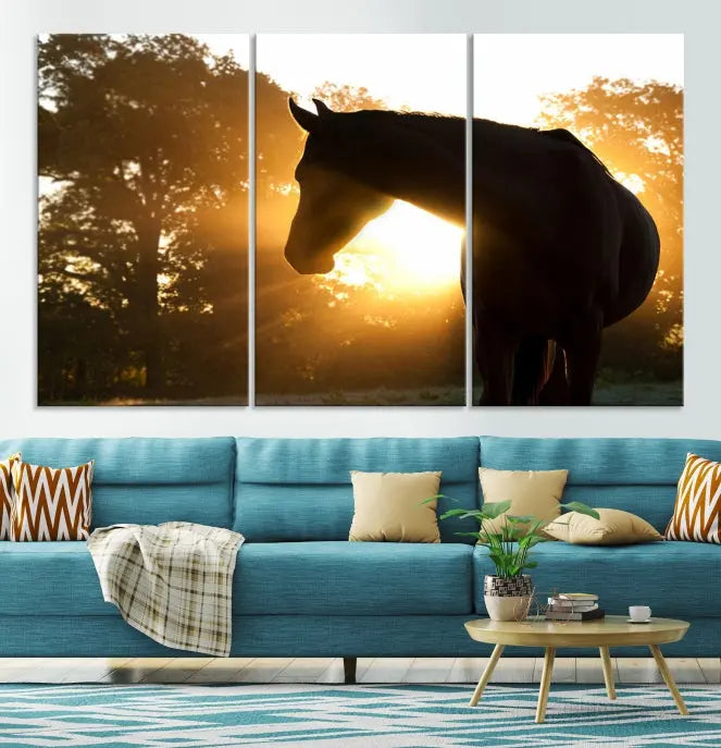 The living room features the "Horse at Sunset Wall Art Animal Canvas Print," which showcases horse silhouettes against a sunrise. These artworks are gallery wrapped on museum-quality canvas with a UV-protective coating to ensure lasting brilliance.