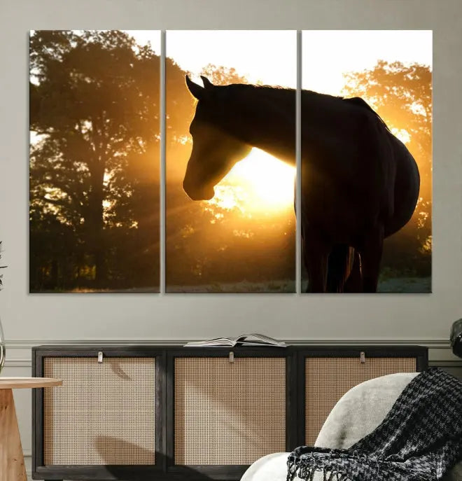 The living room features the "Horse at Sunset Wall Art Animal Canvas Print," which showcases horse silhouettes against a sunrise. These artworks are gallery wrapped on museum-quality canvas with a UV-protective coating to ensure lasting brilliance.