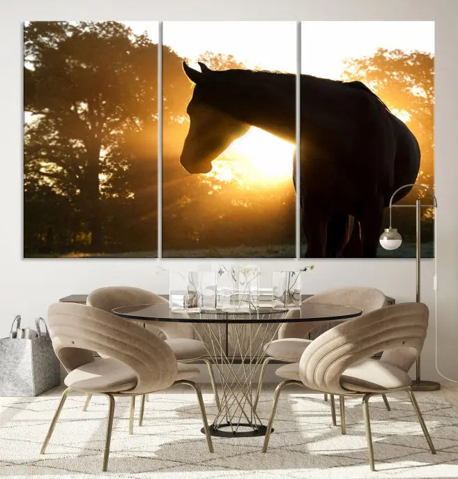 The living room features the "Horse at Sunset Wall Art Animal Canvas Print," which showcases horse silhouettes against a sunrise. These artworks are gallery wrapped on museum-quality canvas with a UV-protective coating to ensure lasting brilliance.