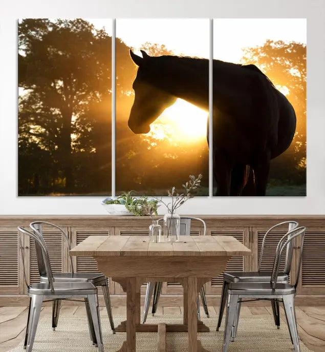 The living room features the "Horse at Sunset Wall Art Animal Canvas Print," which showcases horse silhouettes against a sunrise. These artworks are gallery wrapped on museum-quality canvas with a UV-protective coating to ensure lasting brilliance.