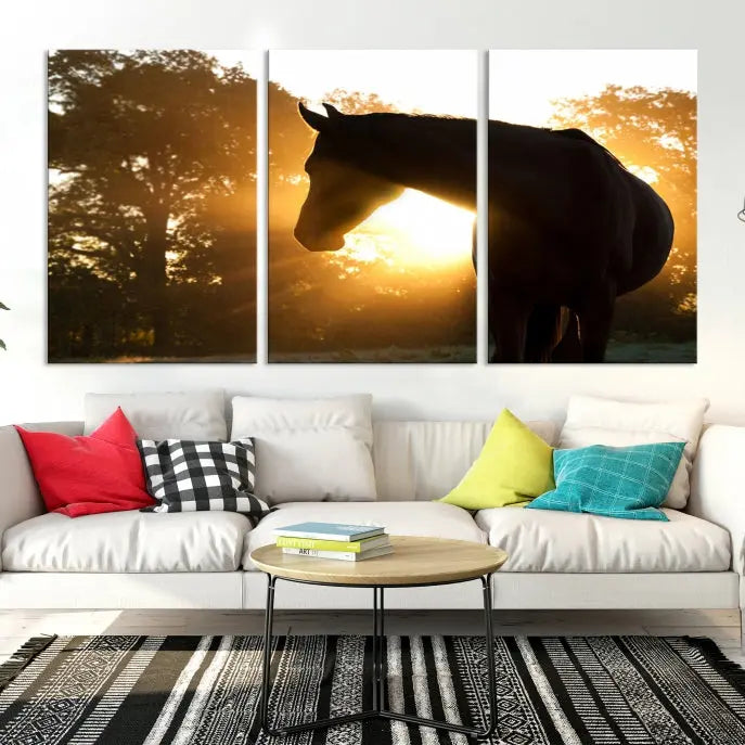 The living room features the "Horse at Sunset Wall Art Animal Canvas Print," which showcases horse silhouettes against a sunrise. These artworks are gallery wrapped on museum-quality canvas with a UV-protective coating to ensure lasting brilliance.