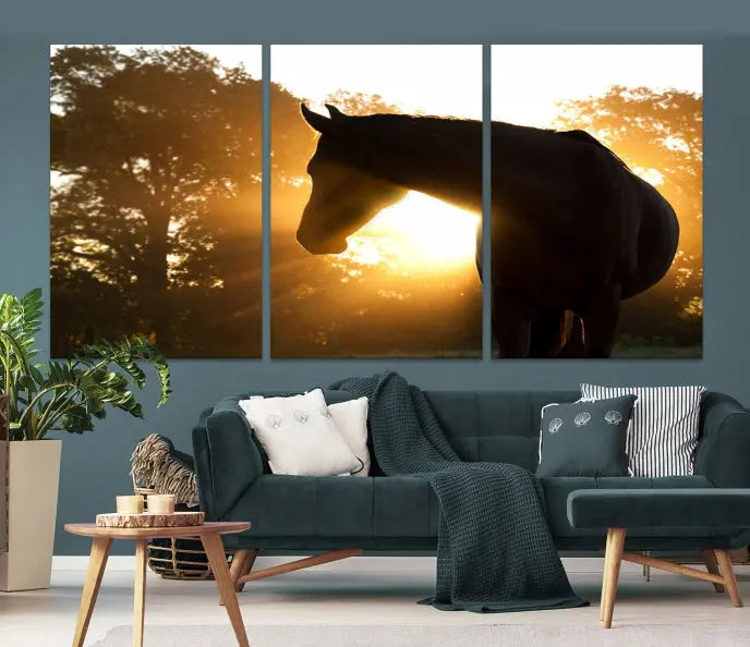 The living room features the "Horse at Sunset Wall Art Animal Canvas Print," which showcases horse silhouettes against a sunrise. These artworks are gallery wrapped on museum-quality canvas with a UV-protective coating to ensure lasting brilliance.